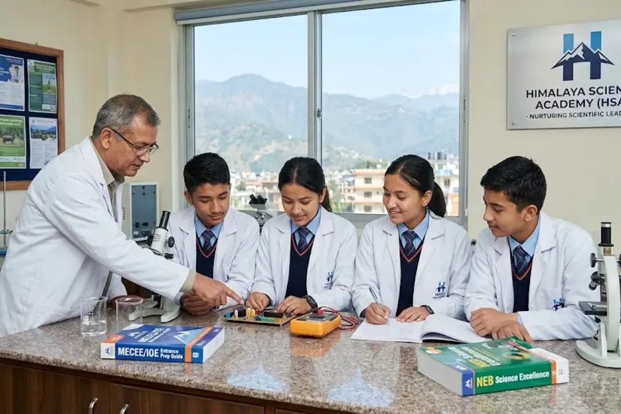 Students performing practical science work in HSA's advanced laboratory with mentor support.