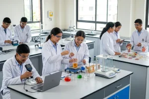 Science students in lab wearing white coats and safety goggles conducting experiments in a modern college laboratory with equipment.