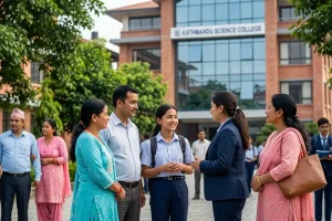 SEE graduate girl with parents talking to an academic counselor on a college campus in front of a science college building.